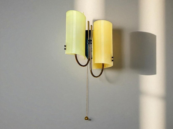 Image 1 of Applique a doppia luce beige e verde di metà secolo moderno con cavo di trazione, anni '70