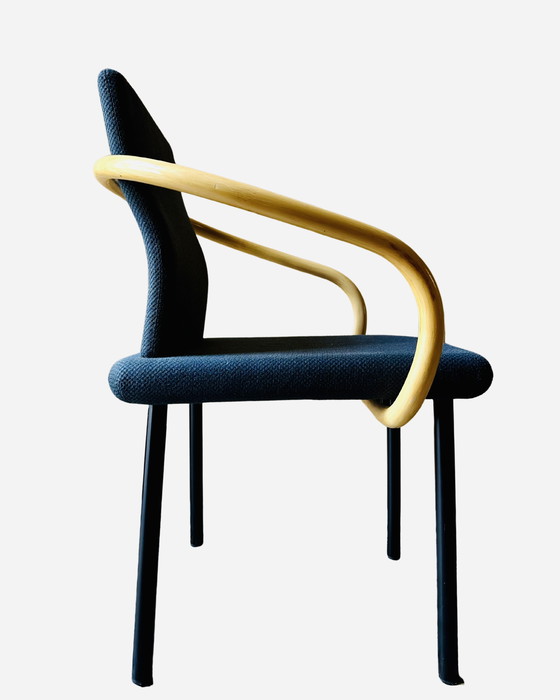 Image 1 of 4x Mandarin stoel van Ettore Sottsass voor Knoll, 1986 - Blauwe stof, armleuningen in bamboelook