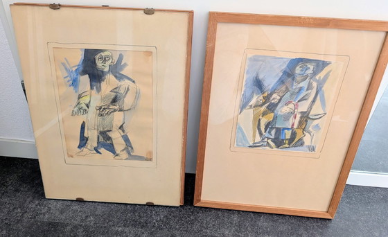 Image 1 of Unieke set Pierre van Soest - Groot schilderij (88x114 cm) + 3 originele voorstudies