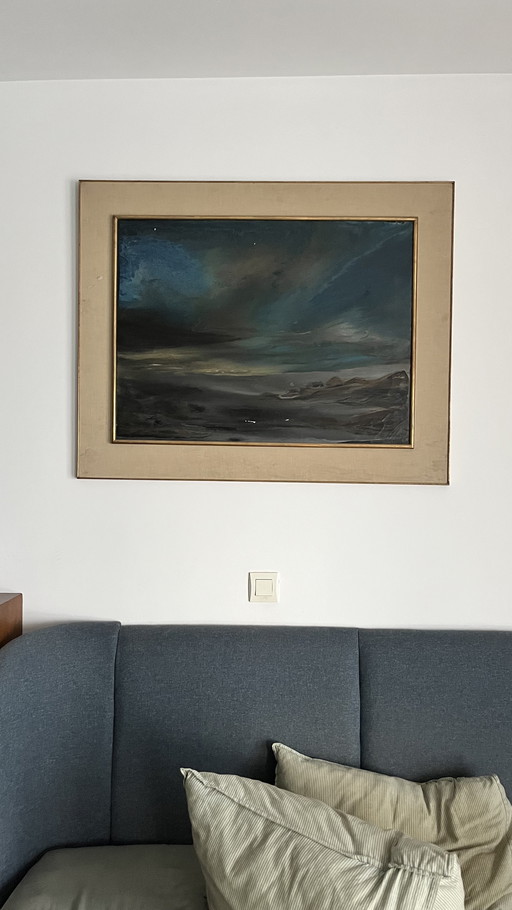 Peinture à l'huile vintage de W. Baele - Moody Seascape, Mid-Century encadrée
