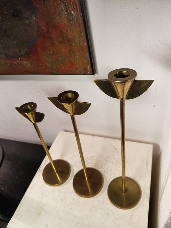 Image 1 of 2448 Vintage design eighties Memphis style brass candlesticks