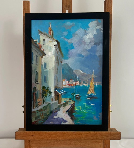 Original Oil Painting Summer City Landscape Sunny days by the sea