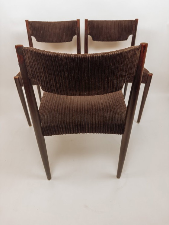 Image 1 of 3x Vintage teak dining chairs with brown upholstery