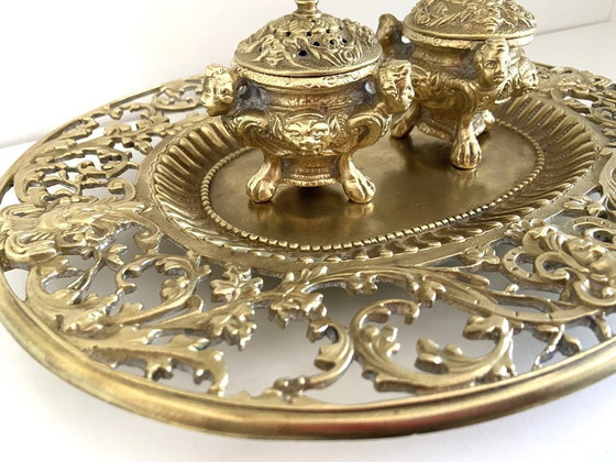 Image 1 of Double Encriers sur Plateau Bronze Doré Ciselé Style Louis XV Epoque Napoléon III