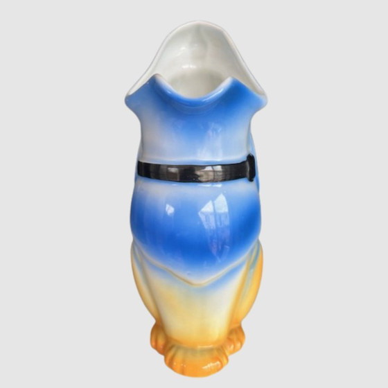 Image 1 of Brocca Art Déco blu-gialla a forma di cane – Brocca Mosa Maastricht – Vaso-Brocca in ceramica olandese degli anni '20