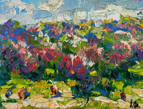 Image 1 of Dipinto ad olio originale Paesaggio con alberi colorati Colori primaverili