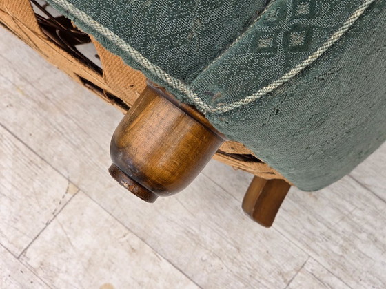 Image 1 of 1960s, Danish 3-seater curved sofa, light green furniture fabric, original condition.