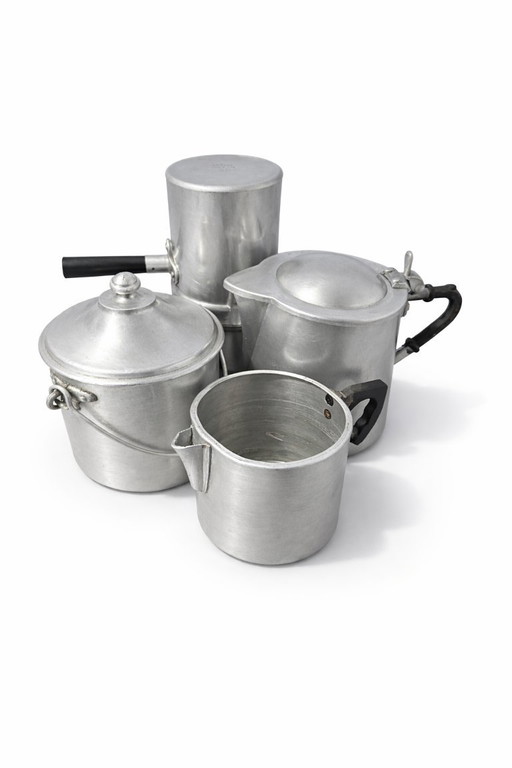 Set di utensili da cucina in alluminio, made in Italy, anni '50