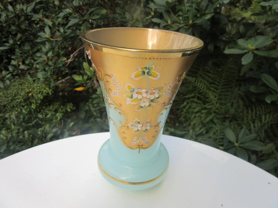 Image 1 of Art Nouveau Vase Large Heavy Enameled Turquoise Gold  