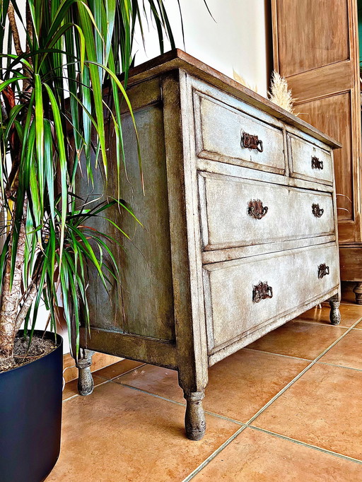 Cassettiera antica con patina blu-grigia toscana