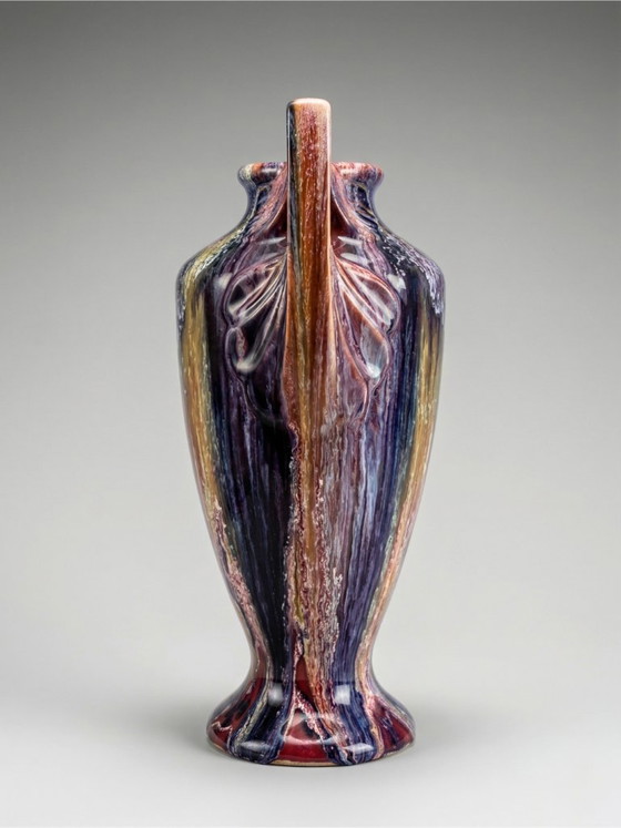 Image 1 of Grote Elgé vaas – Frans kunstkeramiek – Art Deco handgrepen – polychroom geflambeerd glazuur – 32 cm
