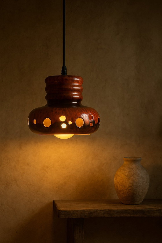 Image 1 of Vintage Herda Lava Pendant Lamp — Ceramic in Brown & Red | Space Age | Mid-Century Modern
