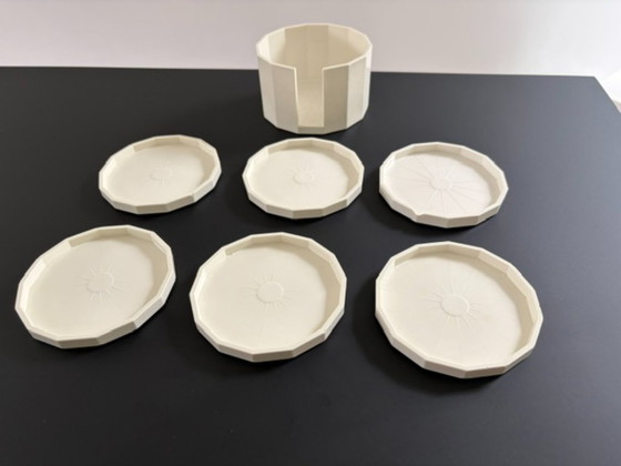 Image 1 of Vintage plastic coasters with holder | Set of 6 | Geometric | Cream