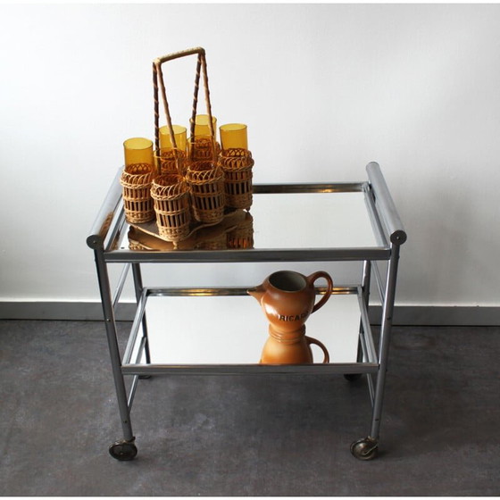 Image 1 of Vintage aluminium bar cart with 2 mirrored trays 1960s