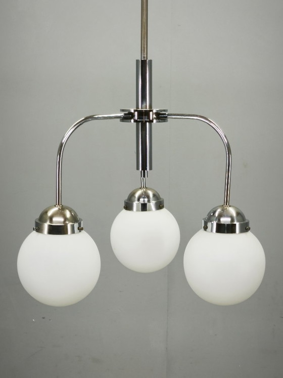 Image 1 of 1940s Czech Bauhaus Chandelier with Opaline Glass Globes