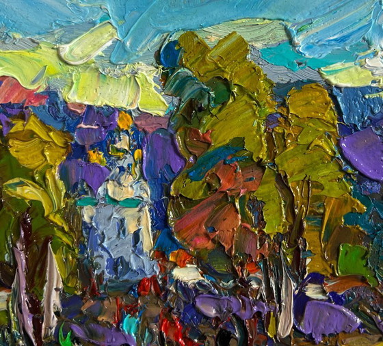 Image 1 of Original Oil Painting Summer Village Landscape Morning ringing of church bells
