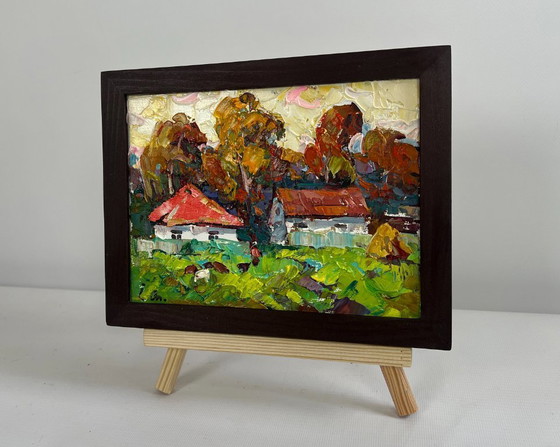 Image 1 of Original Oil Painting Autumn Village Landscape Autumn yellow sunset