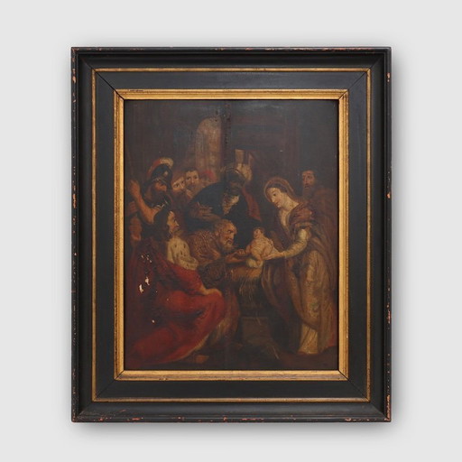 Dipinto religioso fiammingo del XVIII secolo con cornice, olio su tavola, Adorazione dei Magi