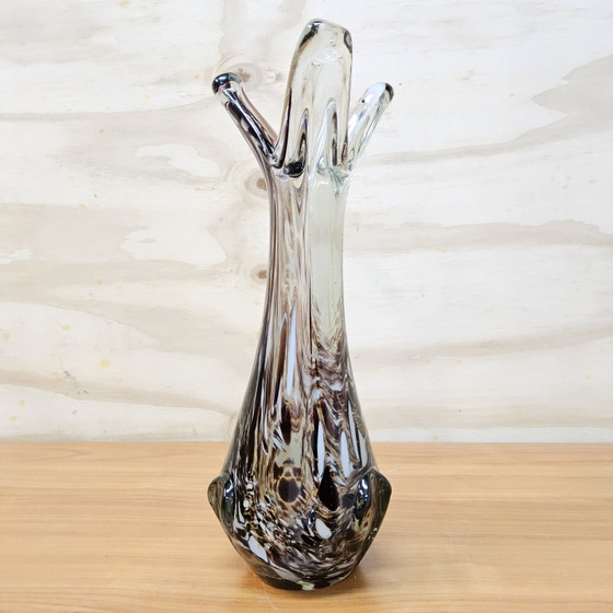 Image 1 of Vintage organic Murano glass vase, amber/white speckled Finger vase (pulled vase)