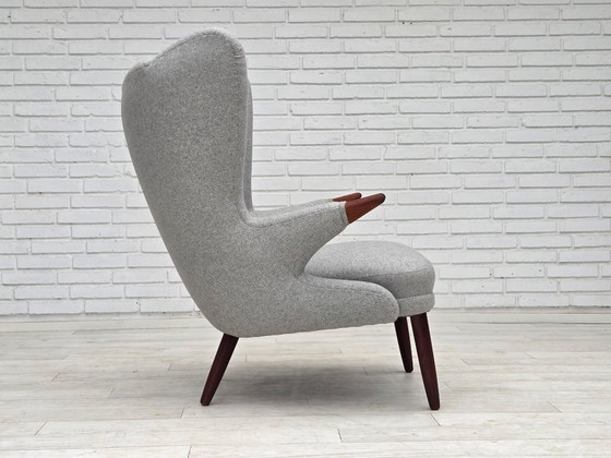 Image 1 of 1960er Jahre, dänischer „Teddy-Stuhl“ mit Hocker, neu gepolstert, Wolle, Teakholz.