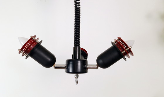 Image 1 of Zwart Rode Space Age Verstelbare Lamp / Pull Down Lamp / Mid Century Hanglamp / Metalen Verstelbare Plafondlamp / Retro Lightin