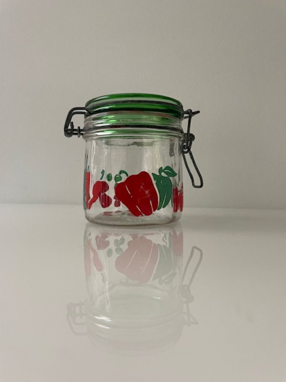 Image 1 of Bocal à conserve vintage en verre Carlton avec motif de légumes rétro