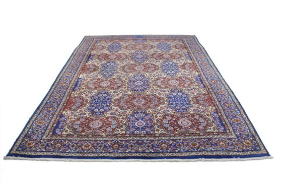 Image 1 of Toile persane originale nouée à la main à Tabriz, patine bleue, style vintage, 332 x 219 cm