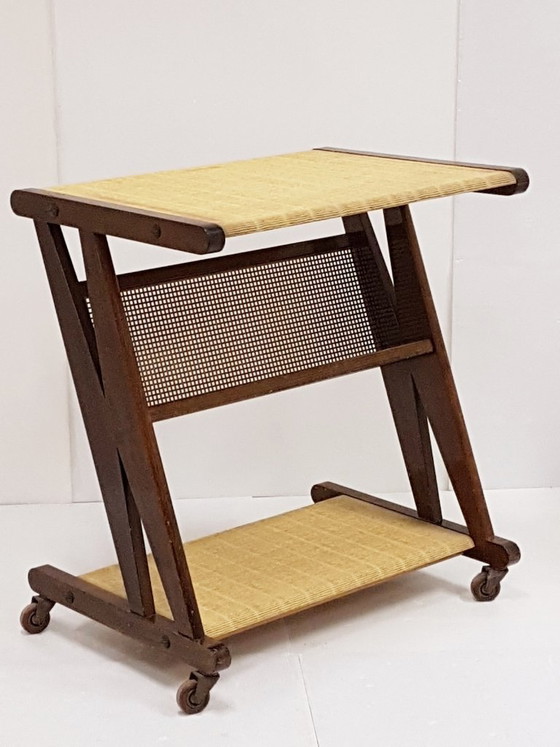 Image 1 of JULLIAN OAK METAL SIDE TABLE/TV CART ON WHEELS, 1960s VINTAGE