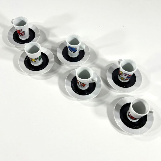 Image 1 of Set aus 6 Keith Haring Espressotassen und Untertassen von Tognana, 1990er Jahre