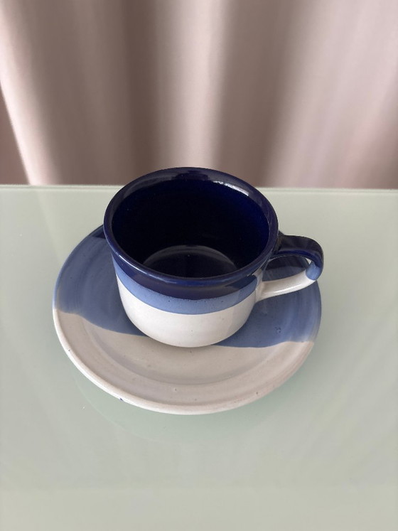 Lot de 4 Tasses et Soucoupes en Céramique d'Atelier Vintage – Émaillé Main Bleu & Blanc – Vaisselle, Ceramic (photo 11 of 13)