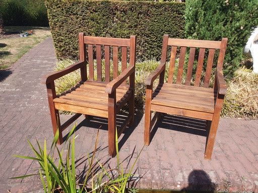 2x Teak Blokstoelen Met Leuning – tuinstoelen, Wood