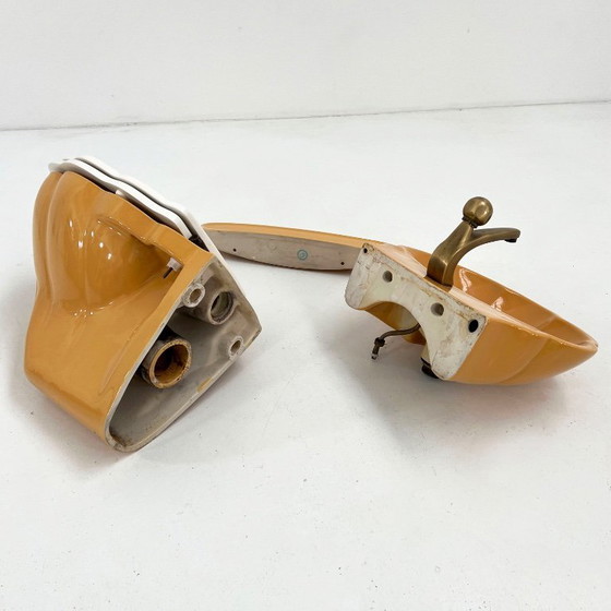 Image 1 of Ensemble de salle de bain vintage en forme de coquillage moutarde, années 1970
