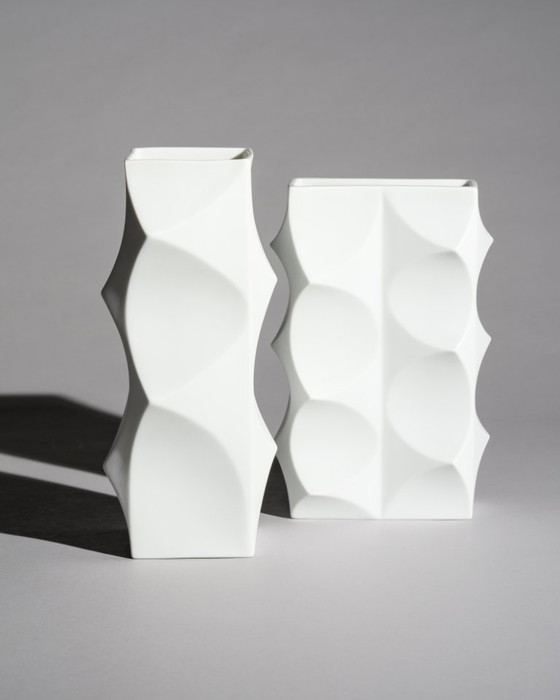 Image 1 of Heinrich Fuchs Lorenz Hutschenreuther “ARCHAIS” Bisque Porcelain Vase Duo Op-Art