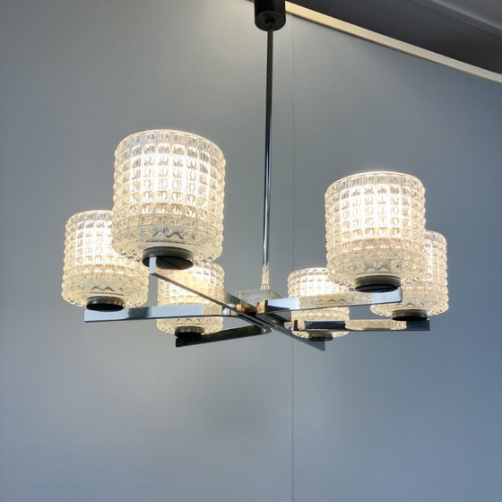 Image 1 of Six-light chandelier by Kaiser Leuchten, chrome, glass, 1960s