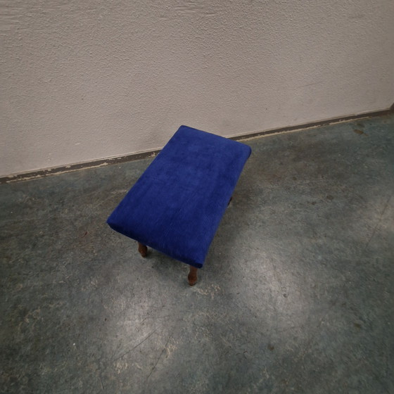 Image 1 of Vintage footstool cobalt blue newly upholstered stool footstool oak 1960s
