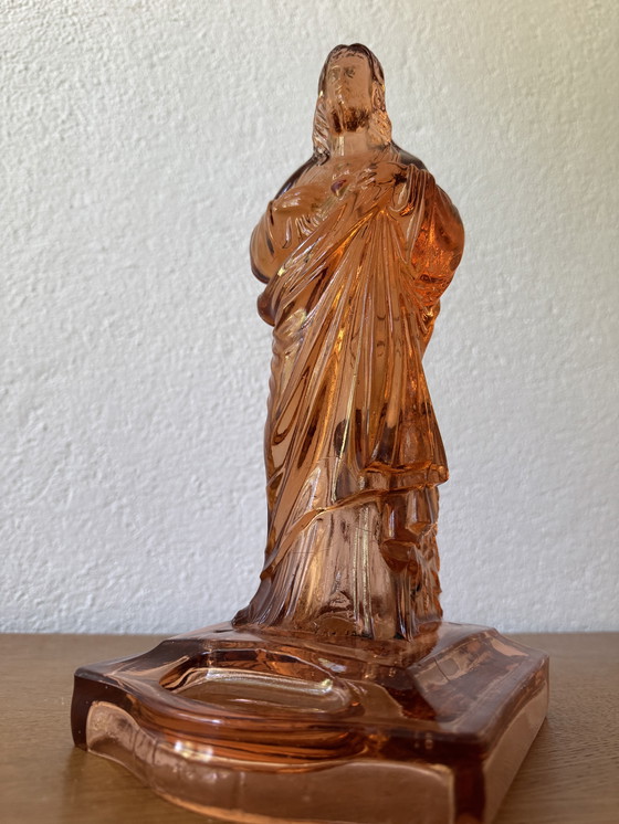 Image 1 of Großer Christus aus rosafarbenem Glas 40er Jahre