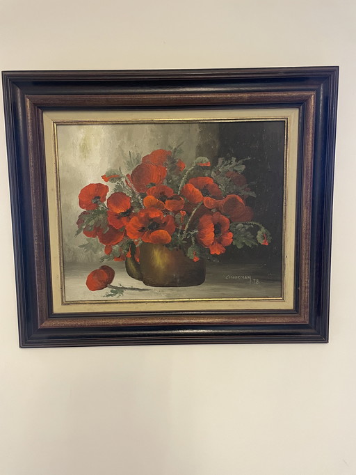 Ingekaderd olieverf op canvas - klaprozen - C. Moerman 78