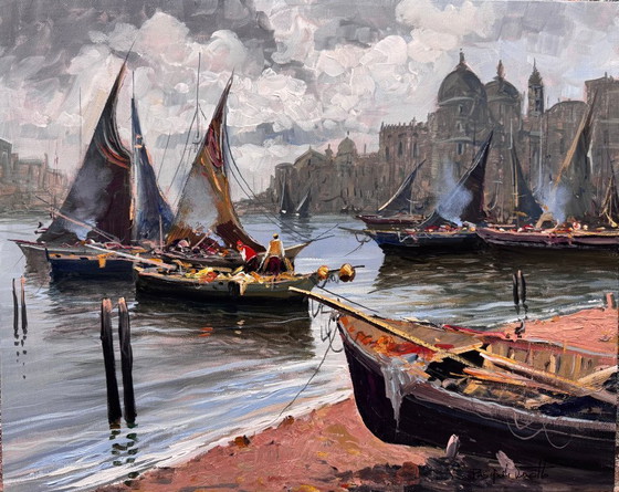 Image 1 of Authentic Pasquale Vuotto Oil painting – Venice in the harbor