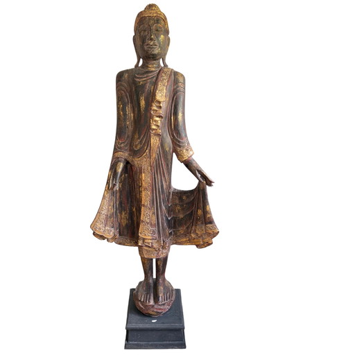 Antique Burmese Standing Buddha – Monumental Temple Statue in Teak Wood (166 cm)
