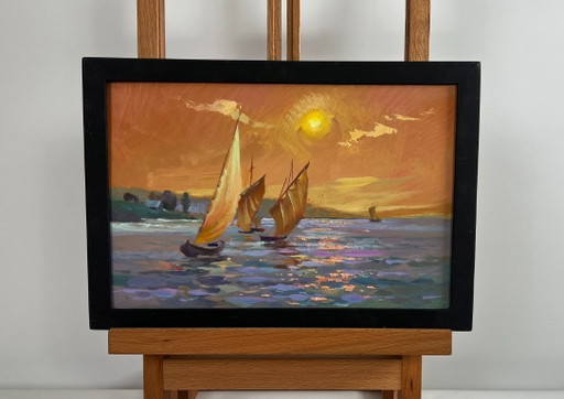 Original Oil Painting Sunset Sea Landscape Romantic evening swim