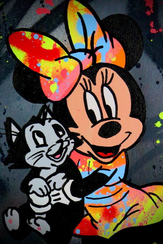 Pop Art Gemälde von Künstler Socrate, Minnie Mouse mit Katze, handsigniert mit Echtheitszertifikat, Unikat (photo 3 of 14)