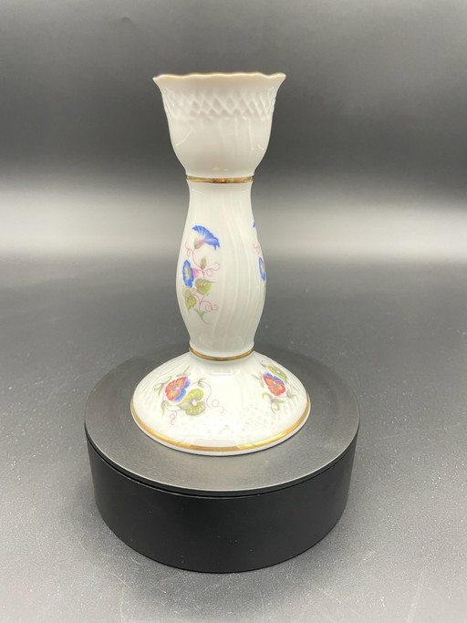 Hollóháza Porcelain Candle Holder from Hungary with Floral Decor and Gold Accents