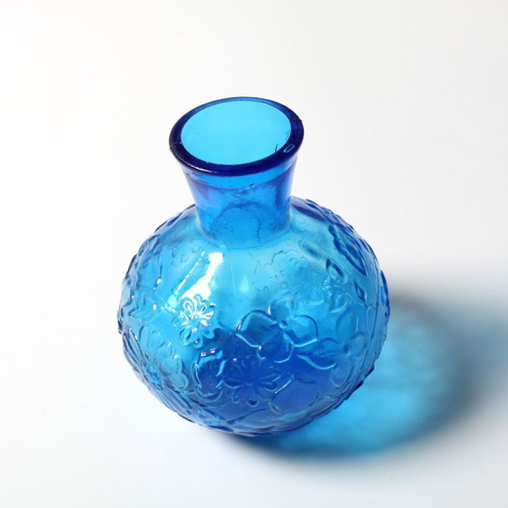 Image 1 of Vintage Small Blue Pressed Glass Vase with Flowers Pattern / Mid-century Home Decor / Italy / 1960s