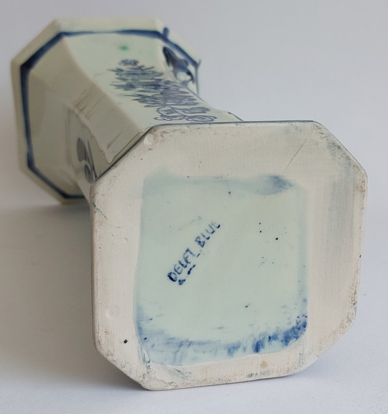 Image 1 of Delft hand painted blue and white pottery octagonal shaped vase 