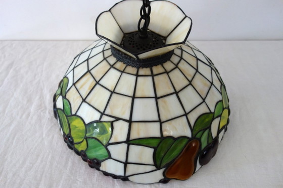 Tiffany style Pendant lamp with fruit motif, 90s, Glass, Metal, Creme (photo 11 of 14)