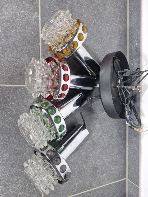 Pendant lamp with four light points, chrome, textured glass and colored accents, Space Age, Ceiling lights (photo 12 of 15)