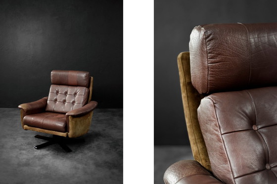 Image 1 of Vintage Mid-Century Deense moderne bruine leren draaifauteuil van Lystager Industri, jaren 70