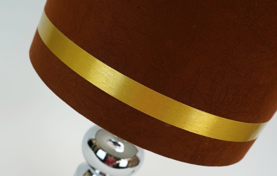 Large 1970s Table Lamp Aro-Leuchten Chrome Base Brown Velvet Lampshade (photo 8 of 11)