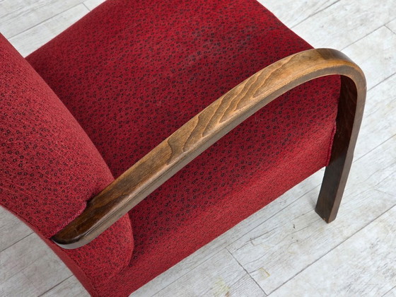 Image 1 of Sillón danés art déco de la década de 1950, tapizado en lana roja original y madera de haya.