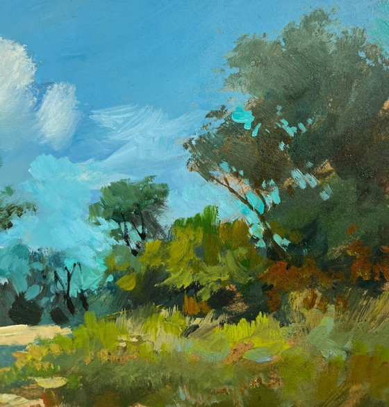 Image 1 of Pintura al óleo original Paisaje costero de verano Día de verano en la costa